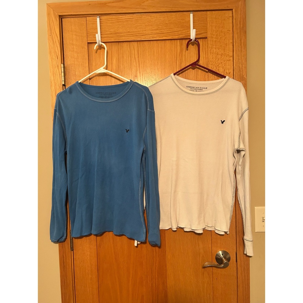American Eagle Men's M Thermal Shirt Lot 2 Waffle Knit Long Sleeve Blue & White